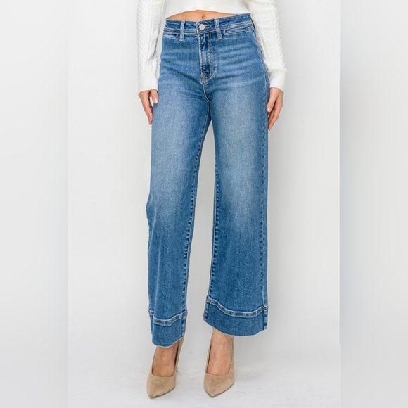 RISEN Wide Leg Flare Bell Bottom High-Rise Waist Jeans Retro Classic Denim Pants - Picture 3 of 12